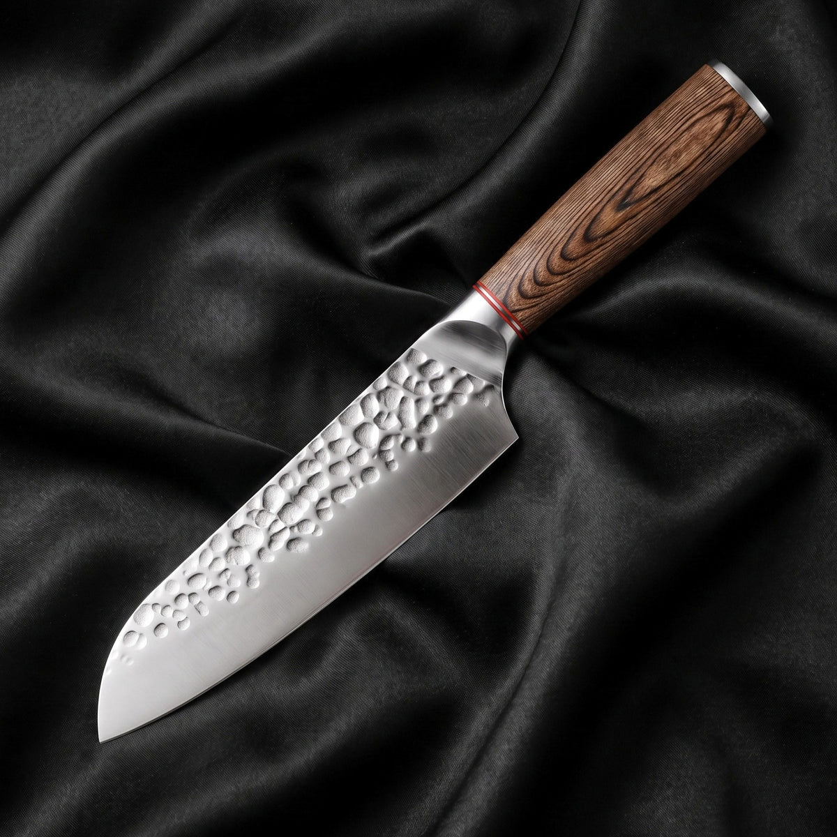 Daichi Santoku All-Purpose Knife · full blade on black silk