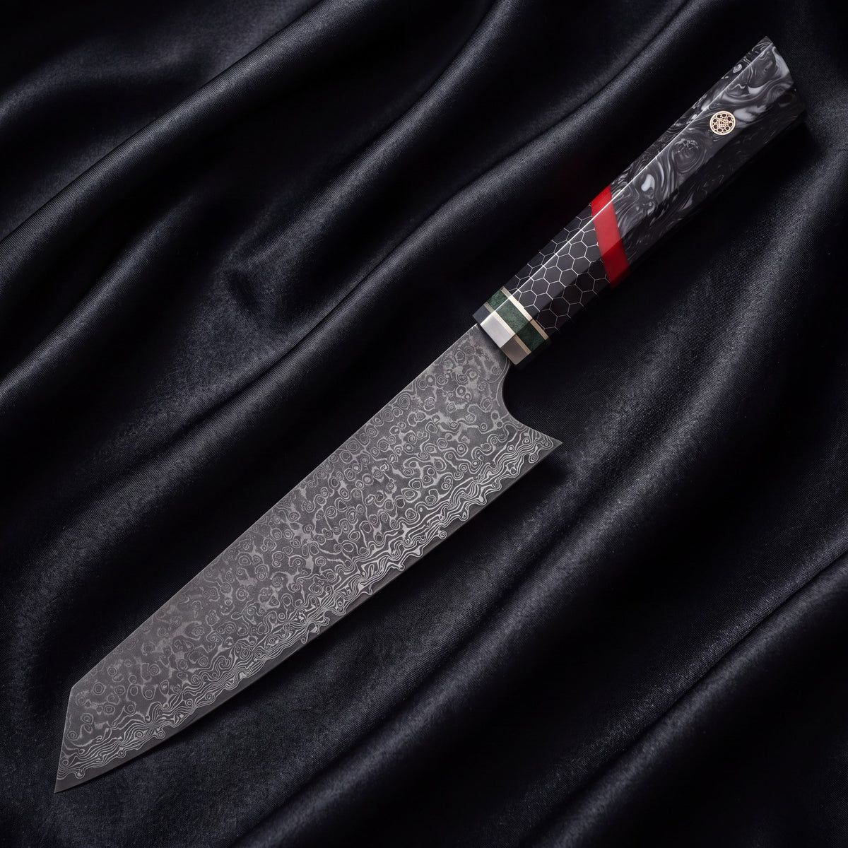 Hibana Kiritsuke Chef-Slicer Knife · full blade on black silk