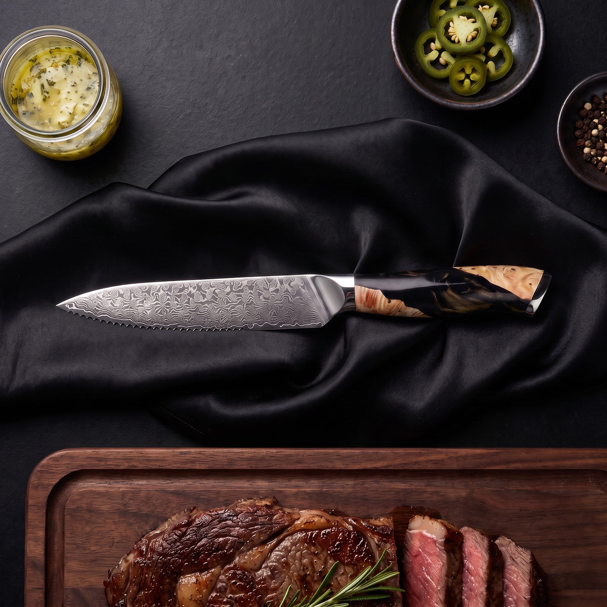 Yoizuki 6-Piece Knife Set · Steak Knife on the cutting board