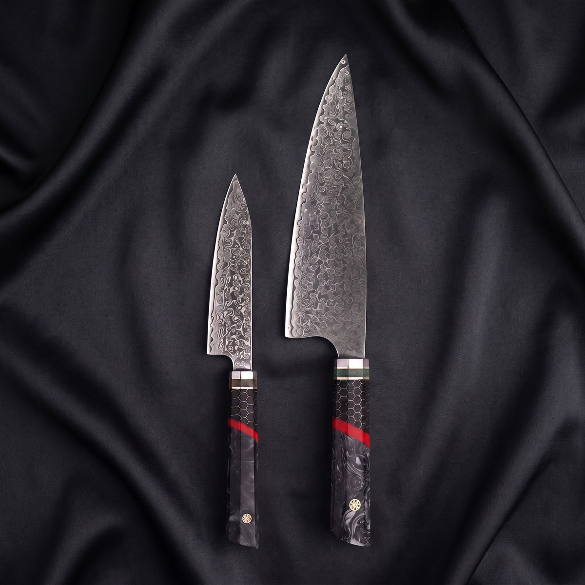 Hibana Knife Duo (Gyuto & Utility) · the full set on black silk