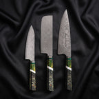 Wakaba Knife Trio (Gyuto, Nakiri & Utility) · the full set on black silk