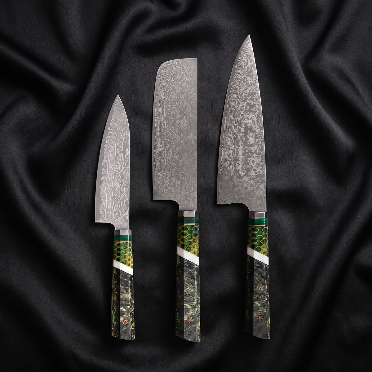 Wakaba Knife Trio (Gyuto, Nakiri & Utility) · the full set on black silk