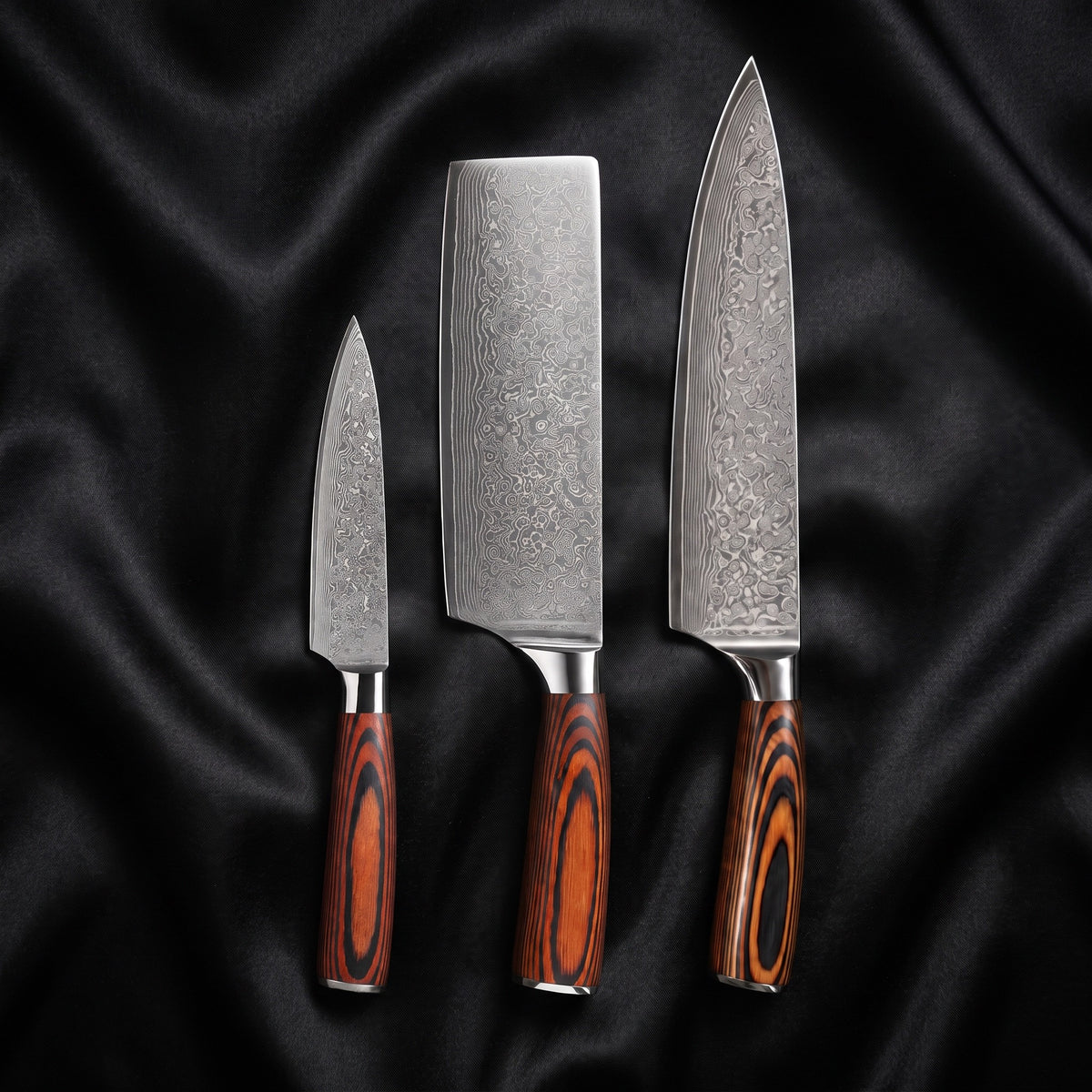 Yuhi Knife Trio (Gyuto, Nakiri & Petty) · the full set on black silk