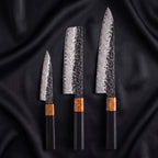 Sumie Knife Trio (Gyuto, Nakiri & Petty) · the full set on black silk