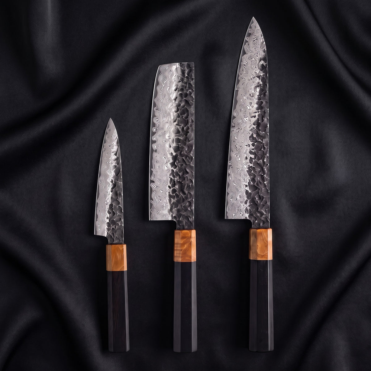 Sumie Knife Trio (Gyuto, Nakiri & Petty) · the full set on black silk