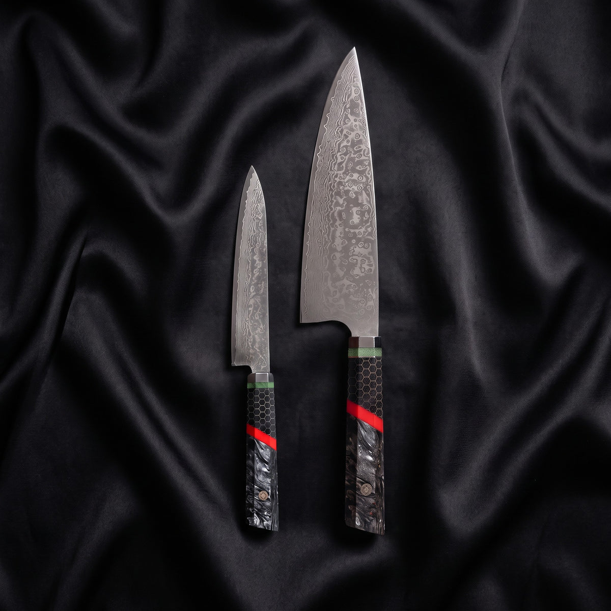 Enji Knife Duo (Gyuto & Utility) · the full set on black silk