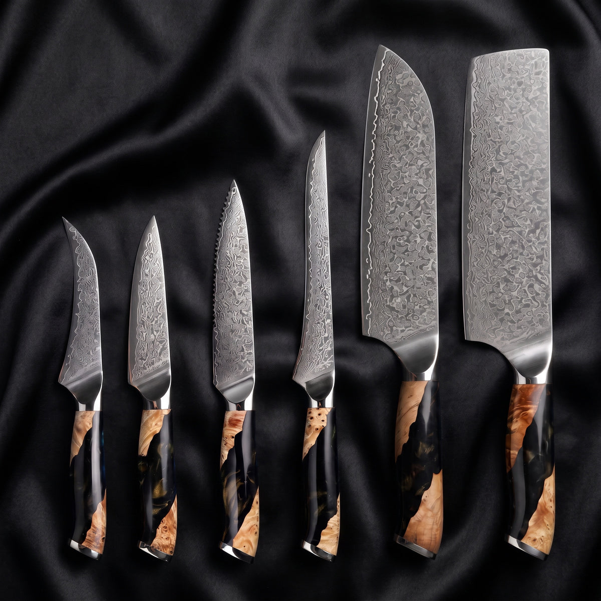 Yoizuki 6-Piece Knife Set · the full set on black silk