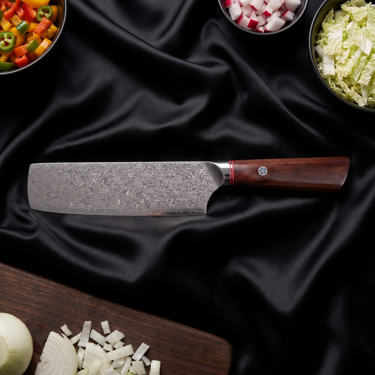 Kasane 7-Piece Knife Set · Nakiri Vegetable Knife on the cutting board