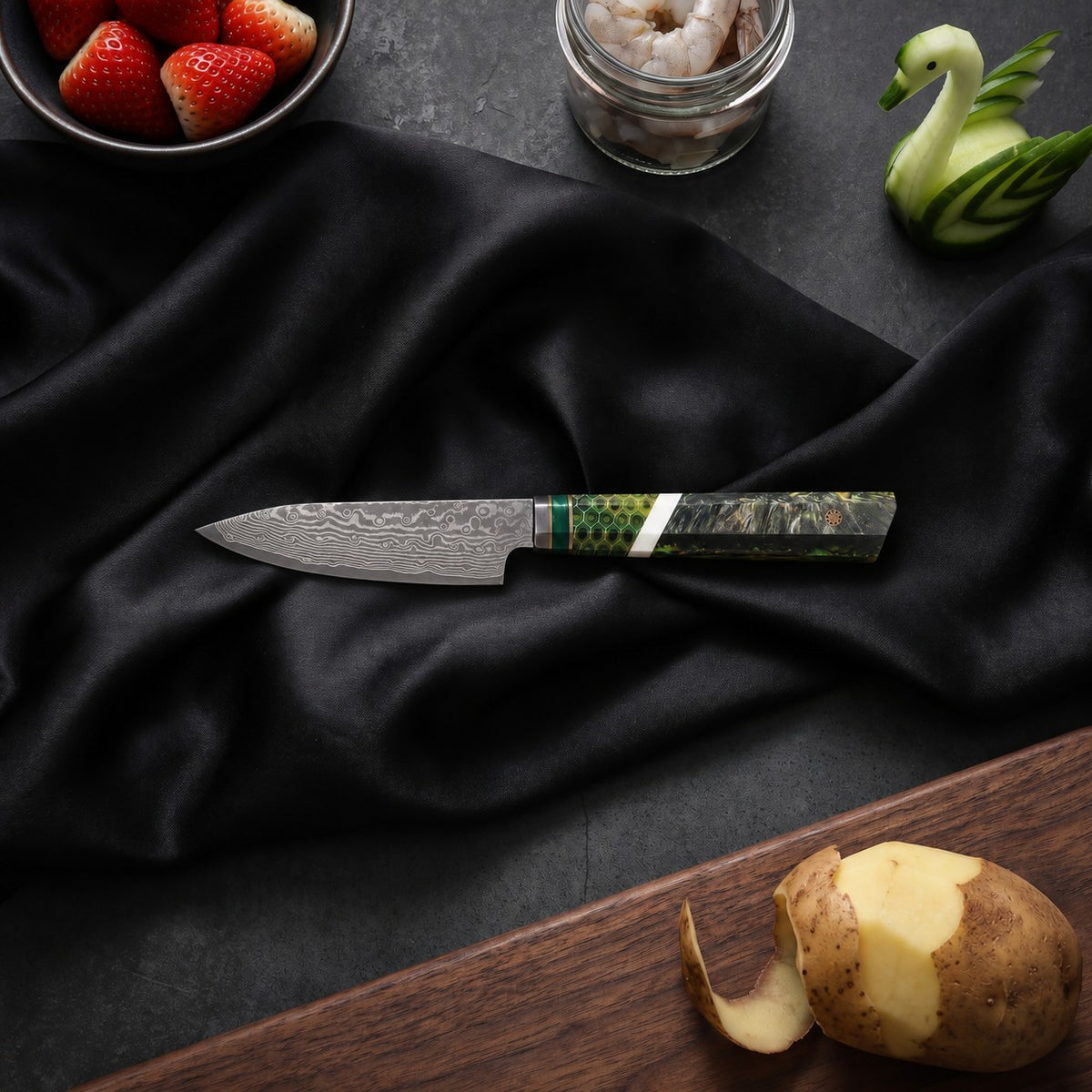 Wakaba Paring Knife · on the cutting board