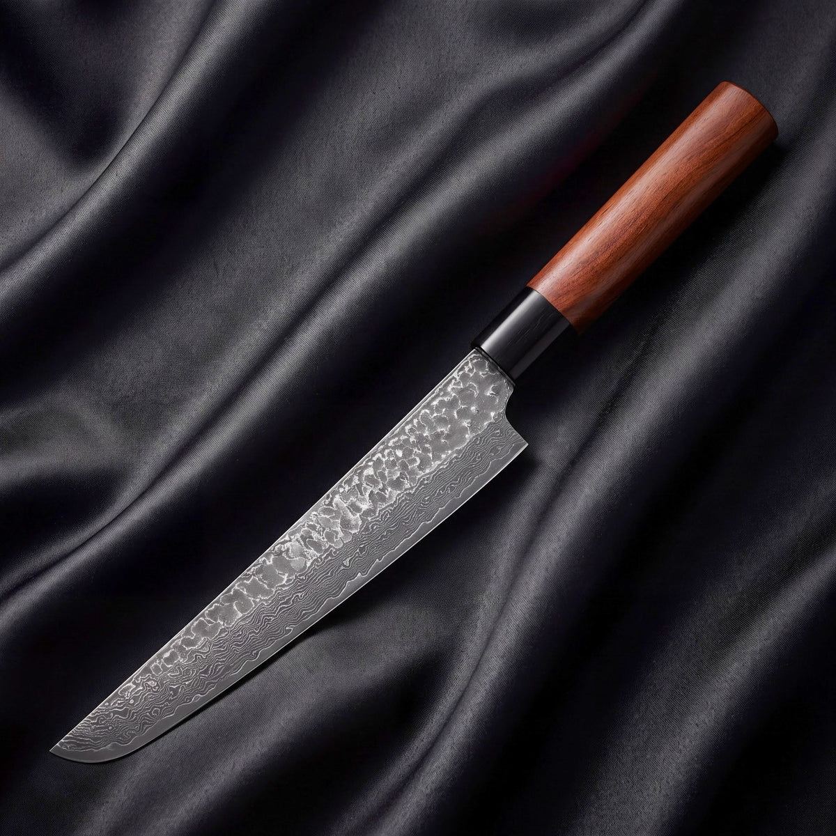 Tsubaki Kiritsuke Chef-Slicer Knife · full blade on black silk