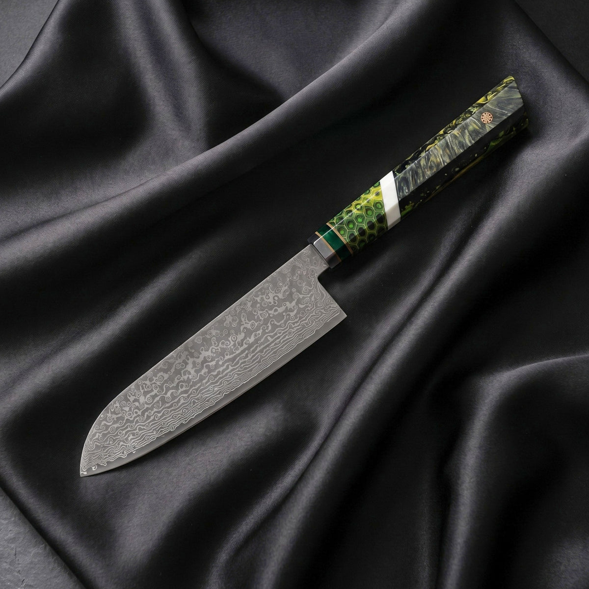 Wakaba 5 in Santoku All-Purpose Knife · full blade on black silk