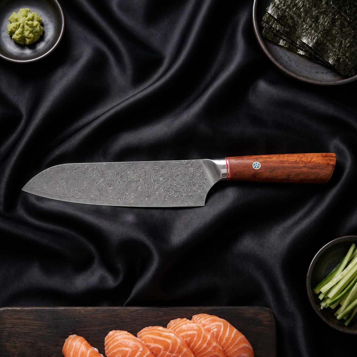 Kasane 7-Piece Knife Set · Santoku All-Purpose Knife on the cutting board