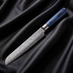 Aizome Bread Knife · full blade on black silk