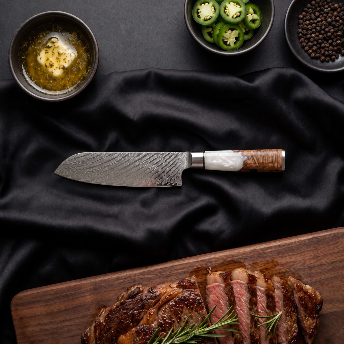 Shinju 5 in Santoku All-Purpose Knife · on the cutting board