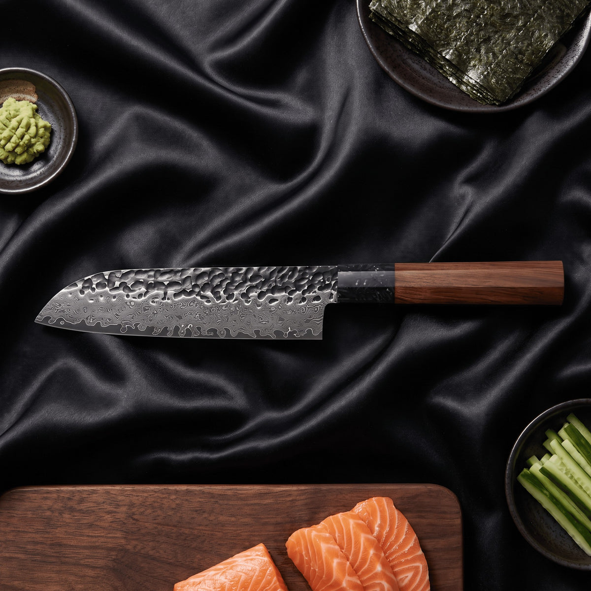 Kurumi 5-Piece Knife Set · Santoku All-Purpose Knife on the cutting board