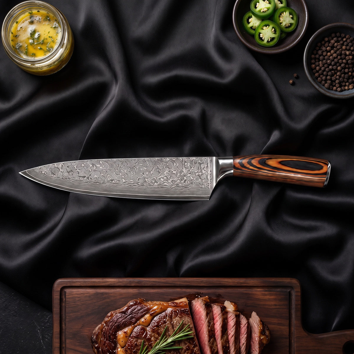 Yuhi Knife Trio (Gyuto, Nakiri & Petty) · Gyuto Chef Knife on the cutting board