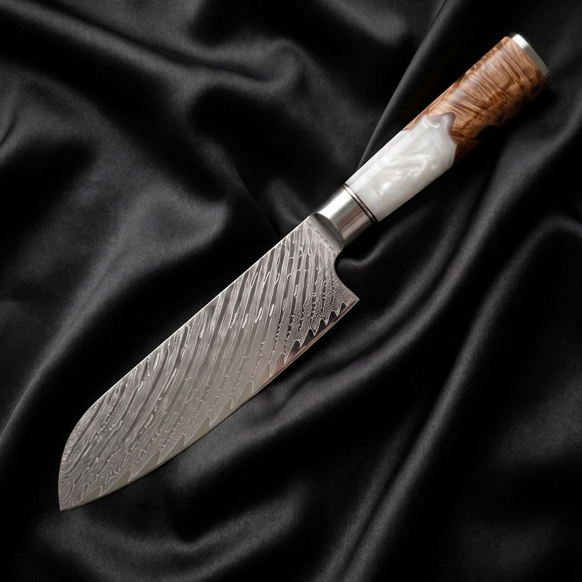 Shinju Santoku All-Purpose Knife · full blade on black silk