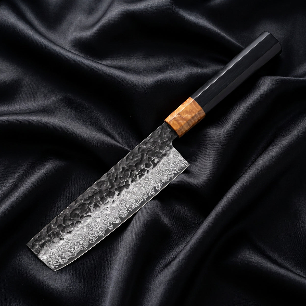 Sumie Nakiri Vegetable Knife · full blade on black silk