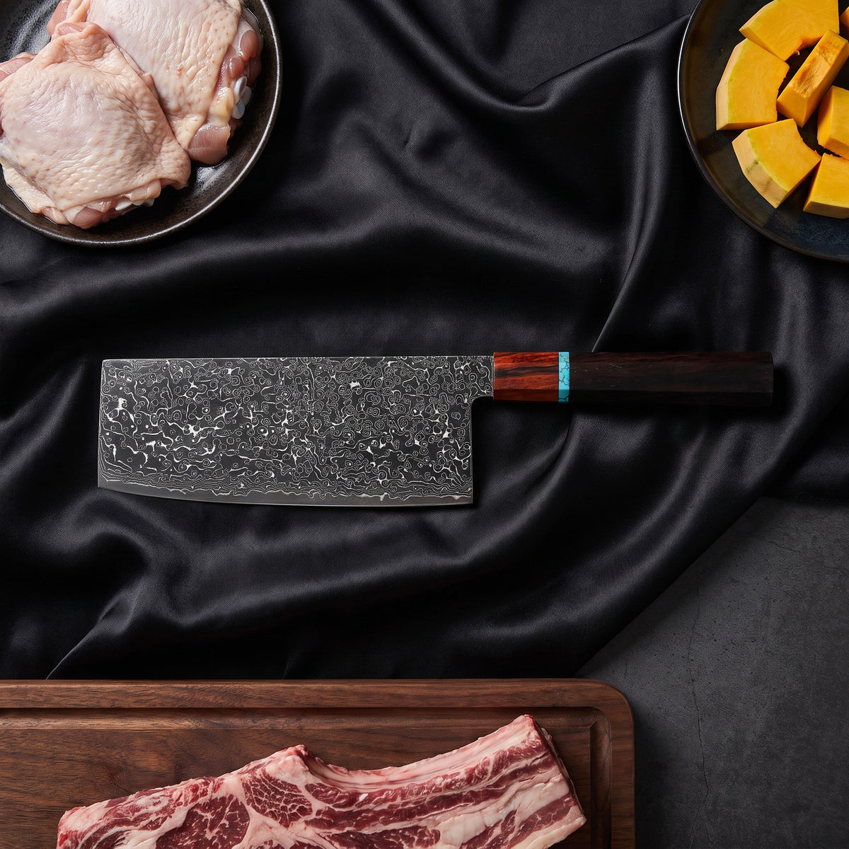 Seiji 5-Piece Knife Set · Vegetable Cleaver Knife on the cutting board