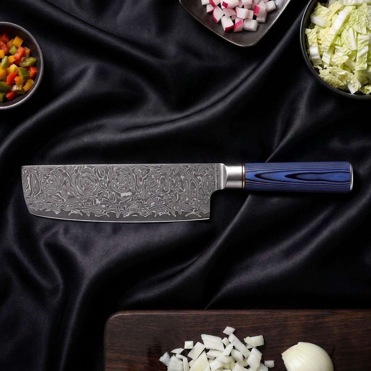 Aizome Knife Trio (Gyuto, Nakiri & Utility) · Nakiri Vegetable Knife on the cutting board