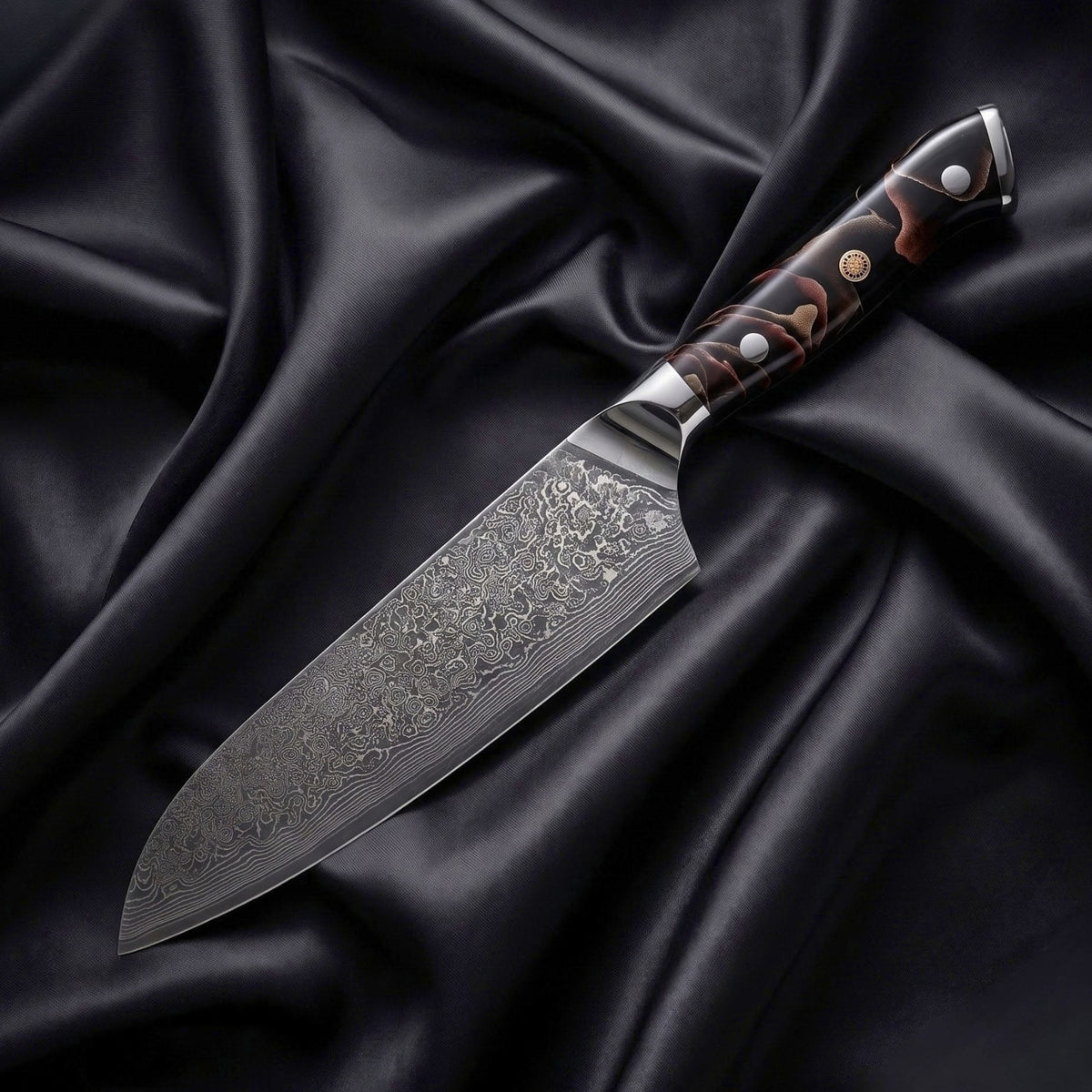Iwao Santoku All-Purpose Knife · full blade on black silk