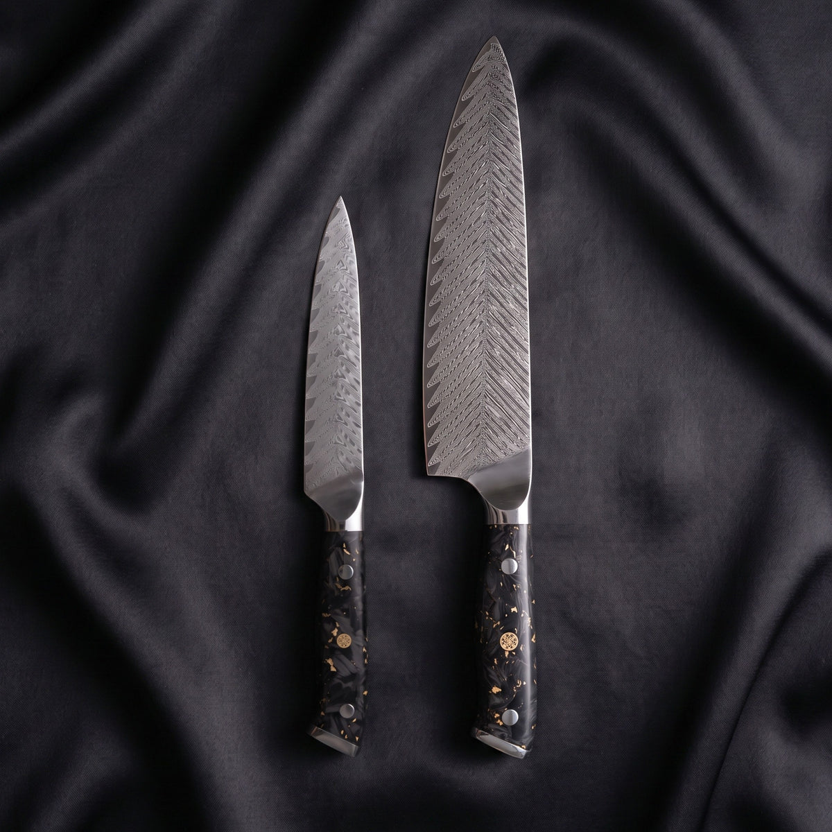 Kinpaku Knife Duo (Gyuto & Utility) · the full set on black silk