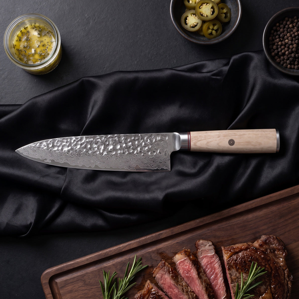 Kinari Knife Duo (Gyuto & Petty) · Gyuto Chef Knife on the cutting board