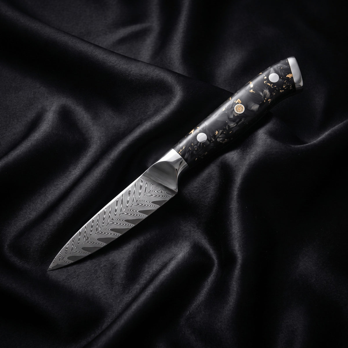Kinpaku Paring Knife · full blade on black silk