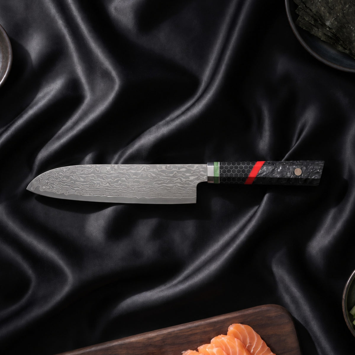 Enji 9-Piece Knife Set · 5 in Santoku All-Purpose Knife on the cutting board