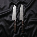 Ginrei Damascus Knife Set · the full set on black silk