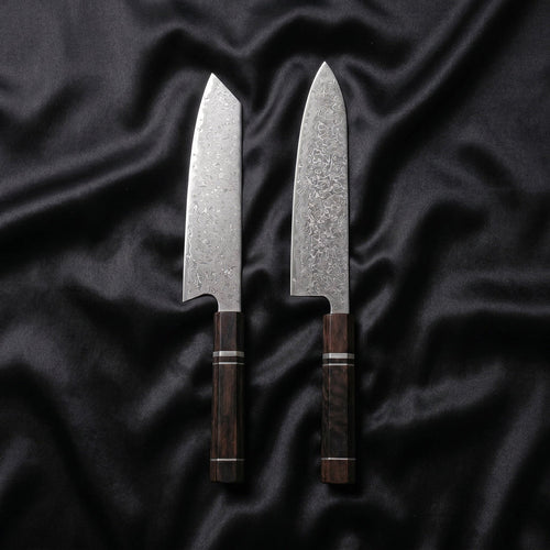Ginrei Damascus Knife Set · the full set on black silk