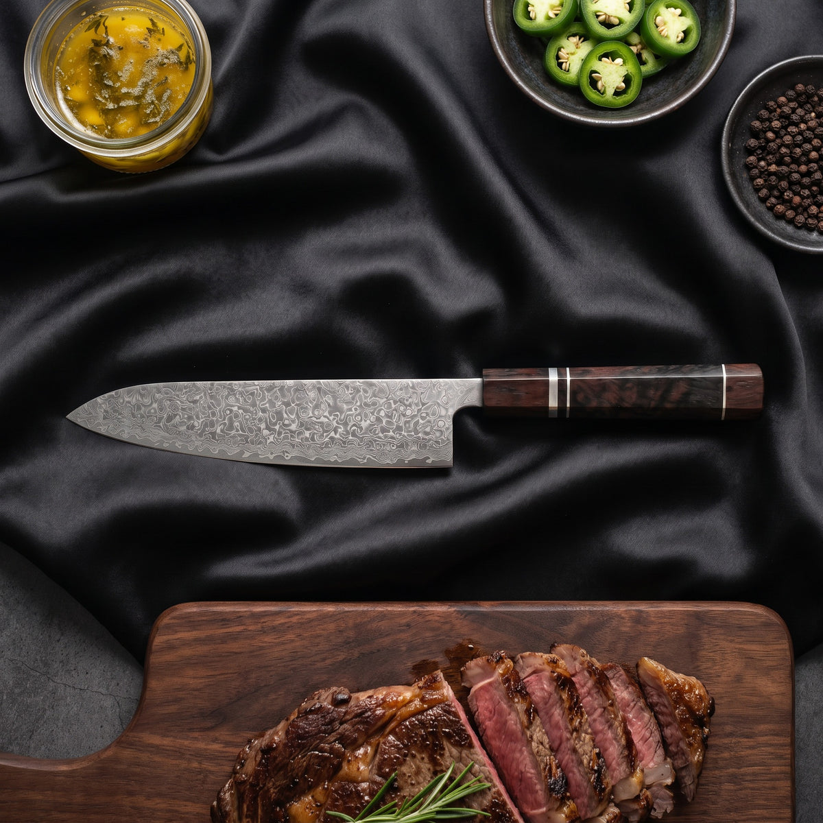 Ginrei Damascus Knife Set · Gyuto on the cutting board