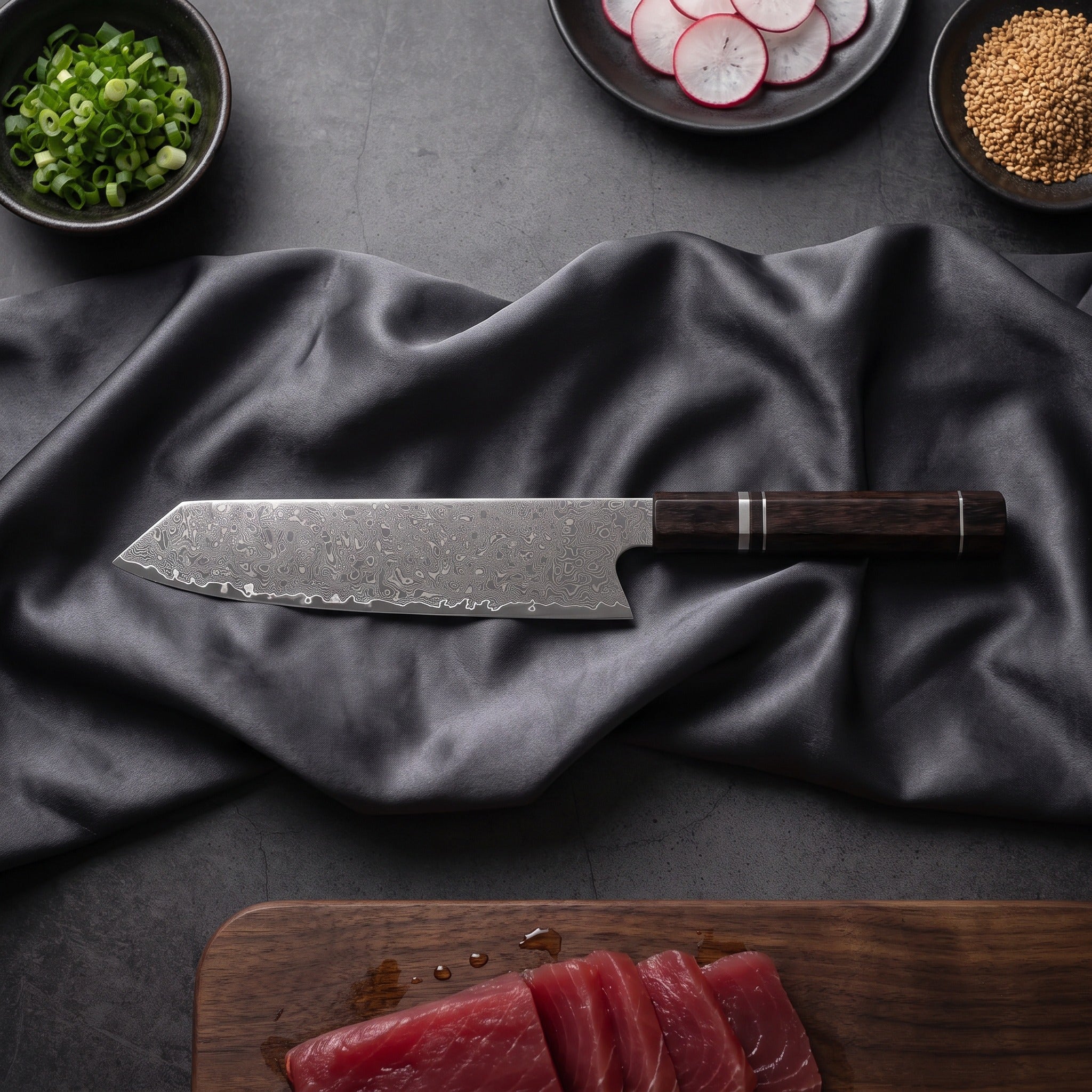 Ginrei Damascus Knife Set · Kiritsuke on the cutting board
