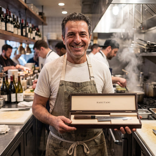 Chef with HARUTANI box in his restaurant kitchen