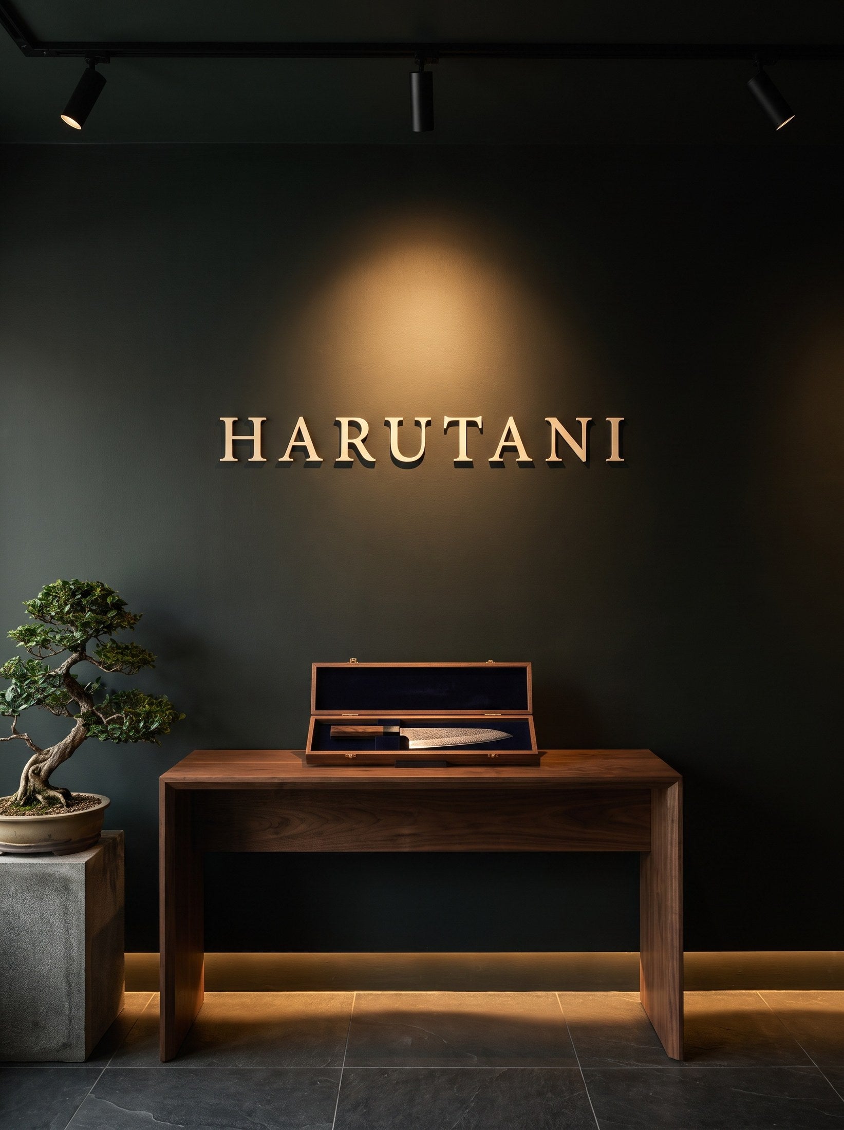 HARUTANI brand wall with walnut console and gift box