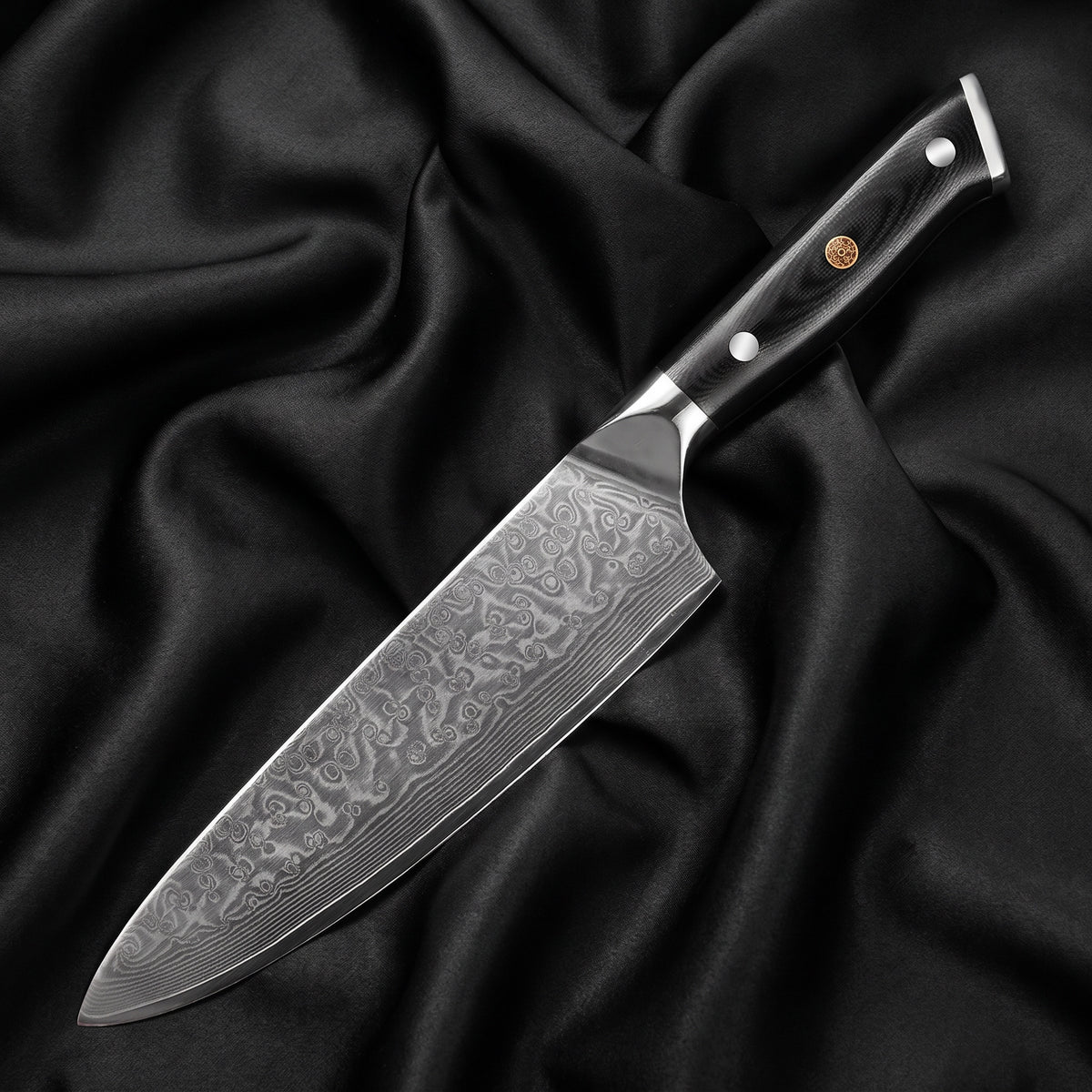 Homura Gyuto Chef Knife · full blade on black silk