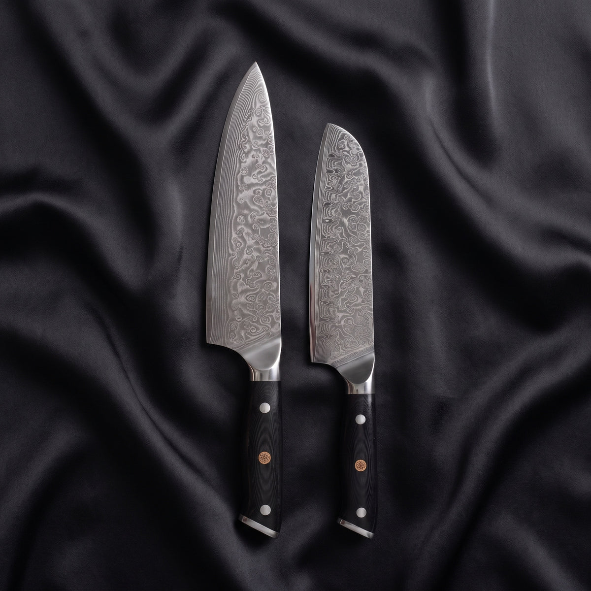Homura Knife Duo (Gyuto & Santoku) · the full set on black silk