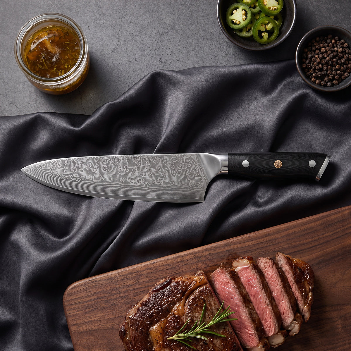 Homura Knife Duo (Gyuto & Santoku) · Gyuto on the cutting board