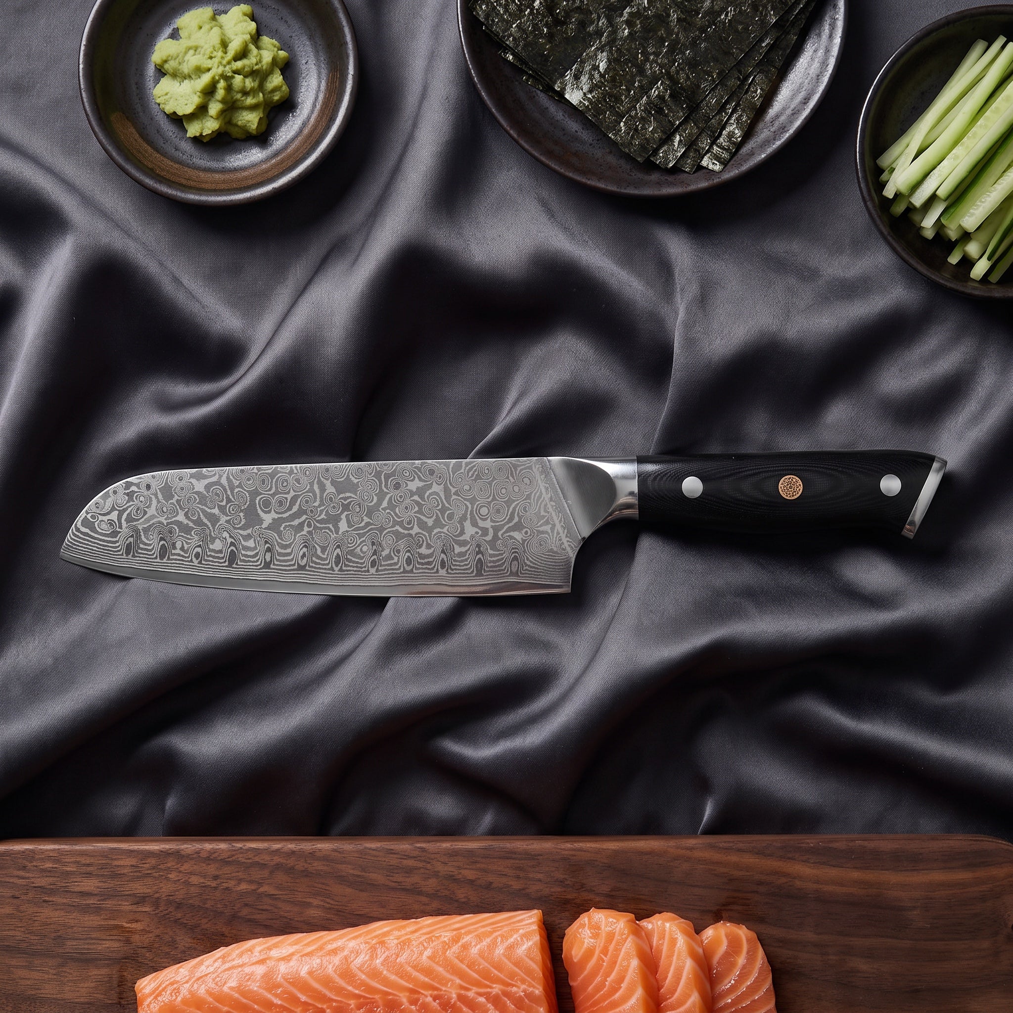 Homura Knife Duo (Gyuto & Santoku) · Santoku on the cutting board