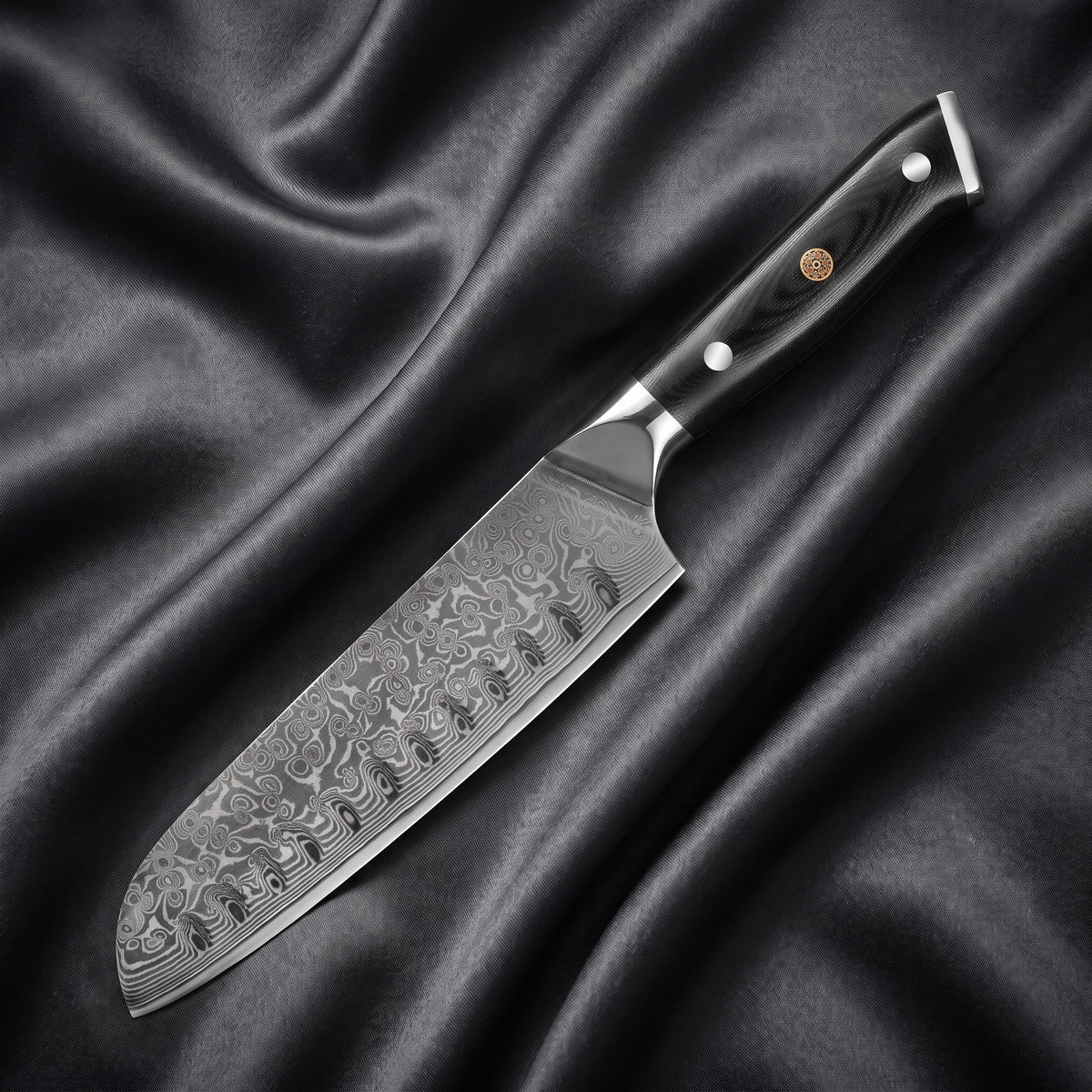 Homura Santoku Knife · full blade on black silk