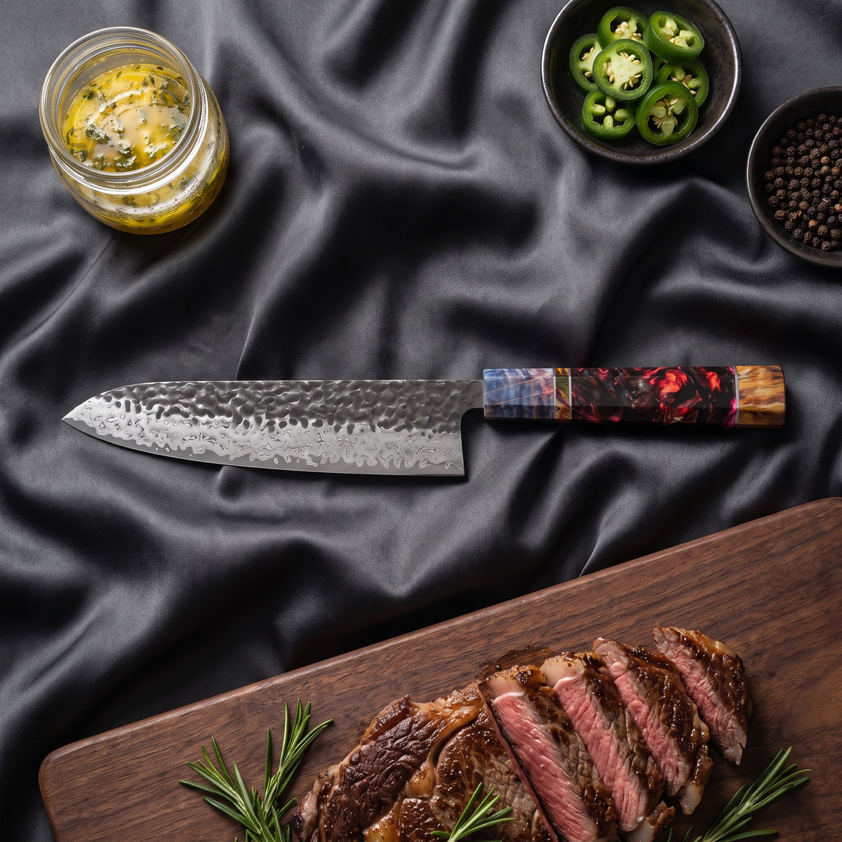 Hotaru Damascus Knife Set · Gyuto on the cutting board