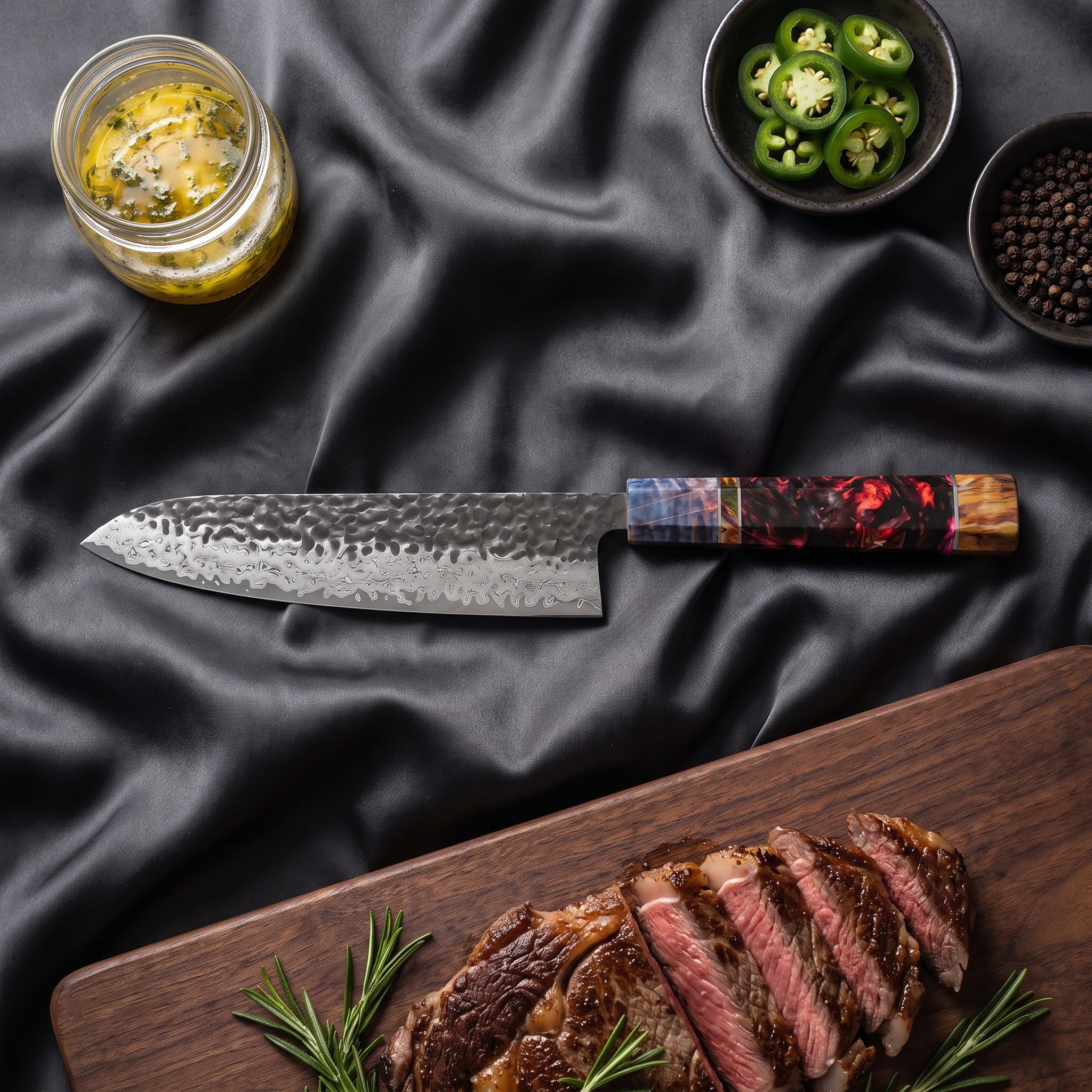 Hotaru Gyuto Chef Knife · on the cutting board