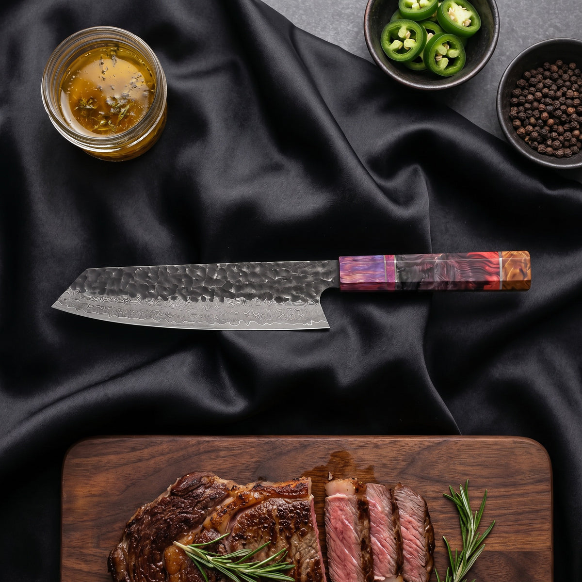 Hotaru Kiritsuke Chef Knife · on the cutting board