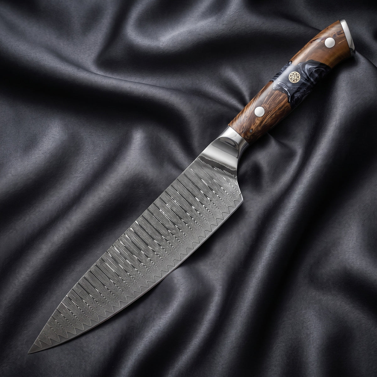 Hyoga Gyuto Chef Knife · full blade on black silk