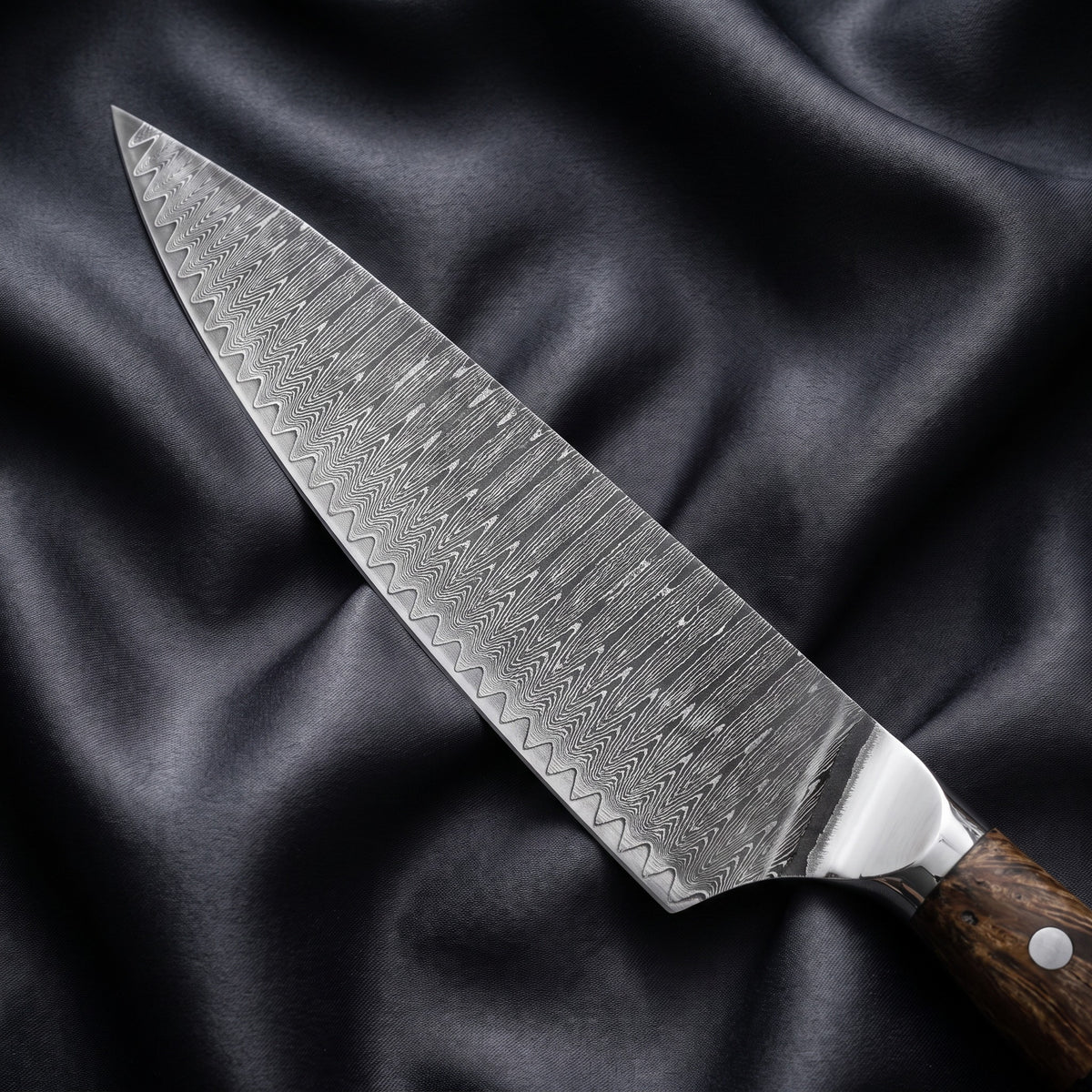 Hyoga Gyuto Chef Knife · Damascus blade close-up