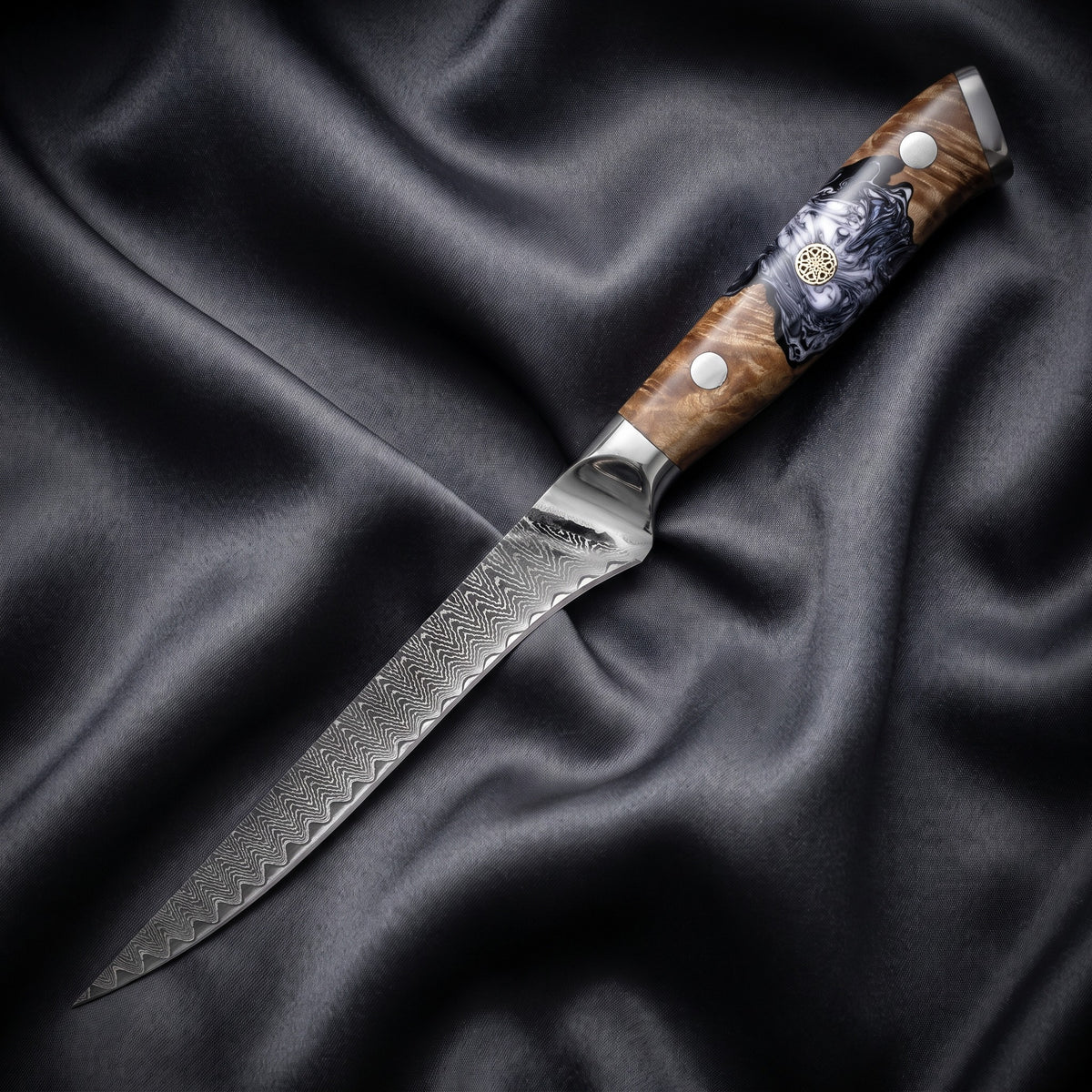 Hyoga Honesuki Boning Knife · full blade on black silk