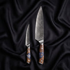 Hyoga Knife Duo (Gyuto & Petty) · the full set on black silk