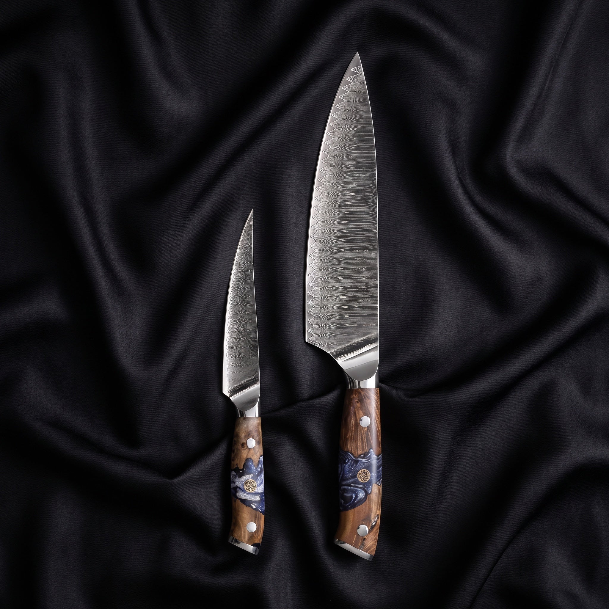 Hyoga Knife Duo (Gyuto & Petty) · the full set on black silk