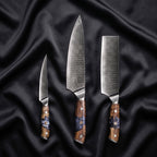 Hyoga Knife Trio (Gyuto, Nakiri & Petty) · the full set on black silk