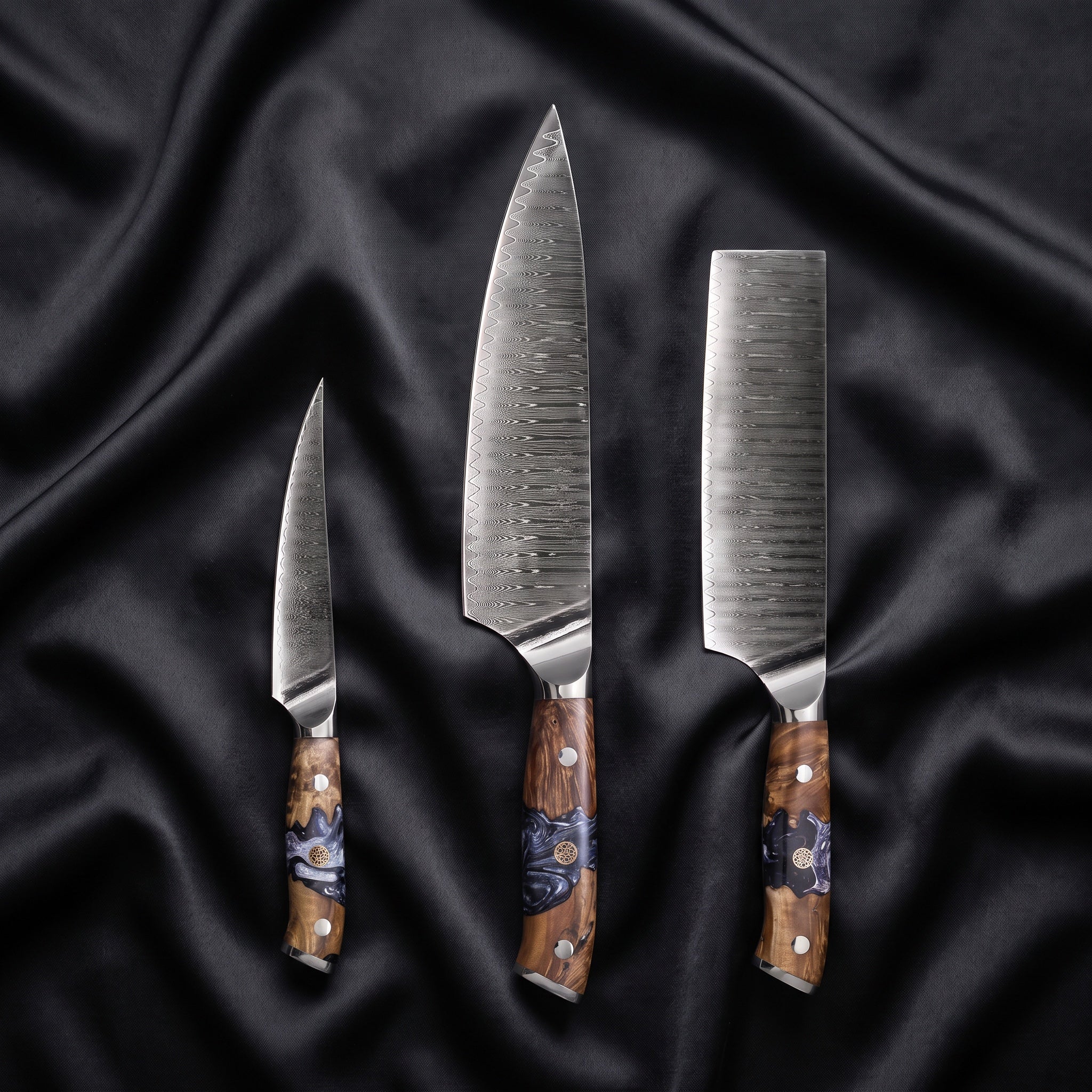 Hyoga Knife Trio (Gyuto, Nakiri & Petty) · the full set on black silk